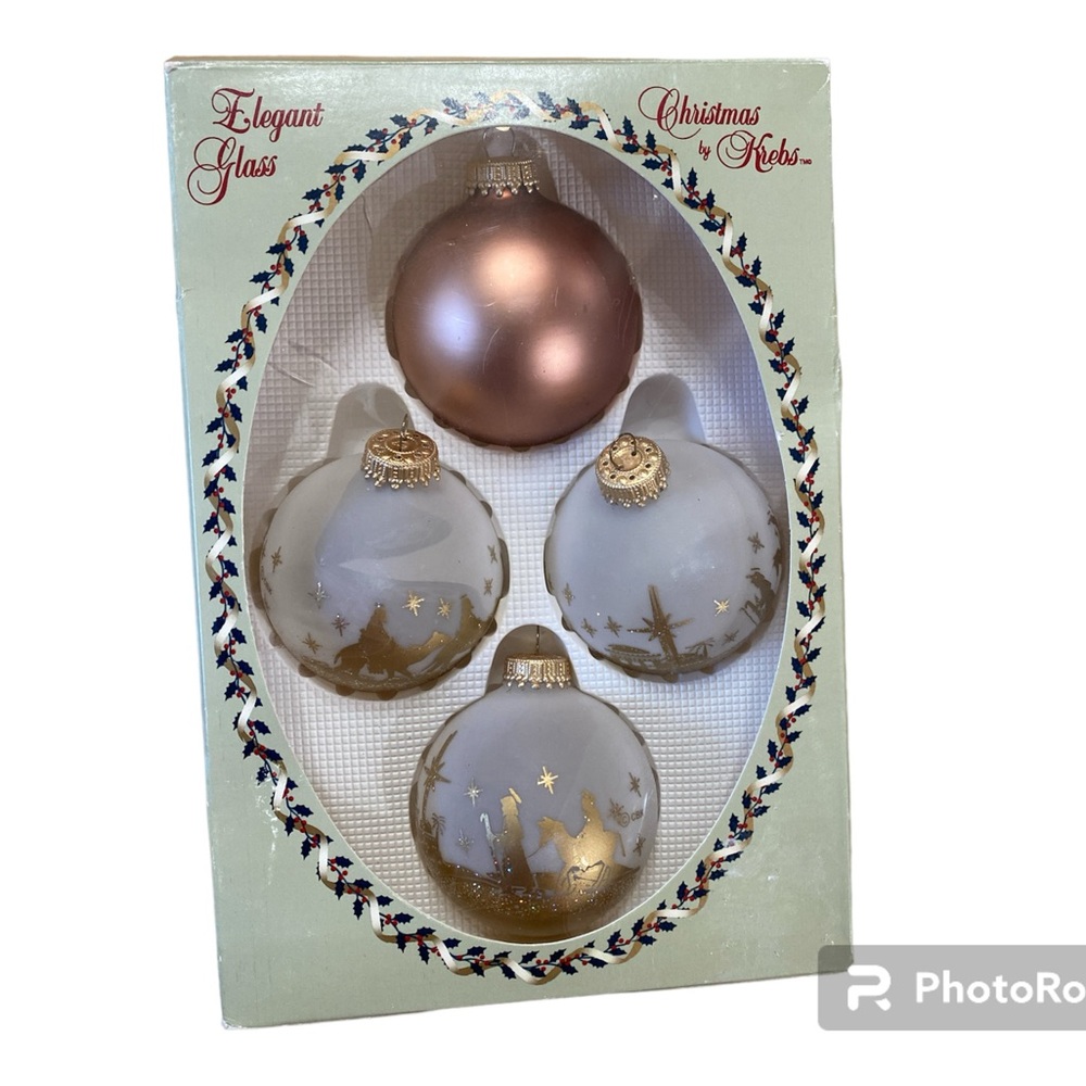 Vintage Christmas by Krebs Ornaments Nativity Scene Gold Frosted White Glass
